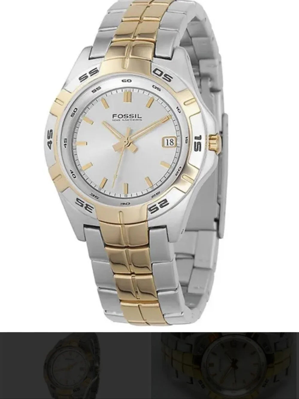 Vtg Fossil Blue Two-Tone Silver and Gold Quartz Watch with White Dial